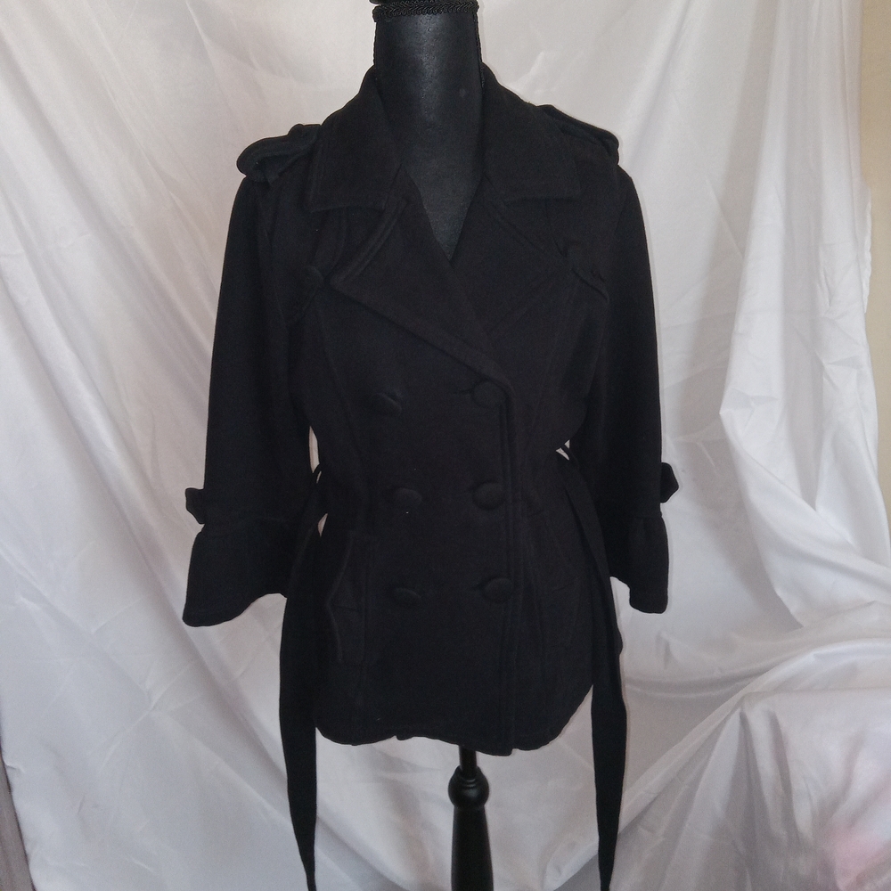 Wet Seal Black Pea Coat 3/4 Flounce Sleeves Womens Size Medium - Picture 3 of 13